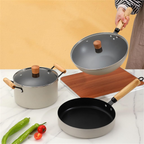Conjunto Completo de 3 Ollas en Acero Inox Antideslizante con Mango de Madera +REGALO: Kit de Utensilios de Cocina
