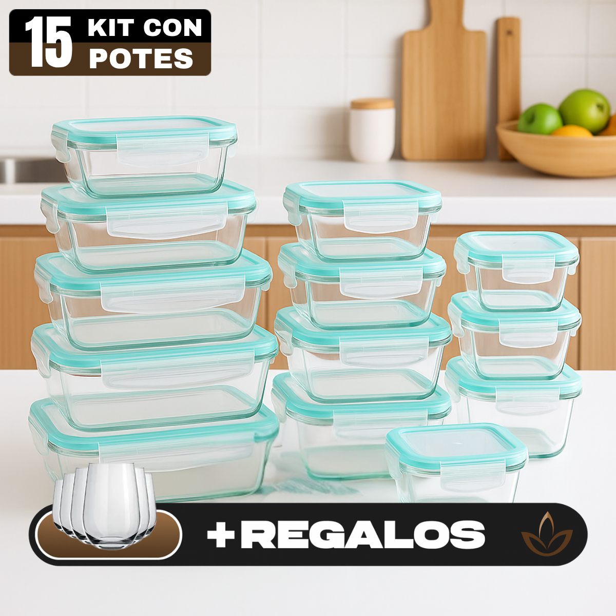 Kit con 15 Frascos Herméticos de Vidrio + 10 Vasos de Vidrio Aruba [¡ÚLTIMAS UNIDADES EN STOCK!]