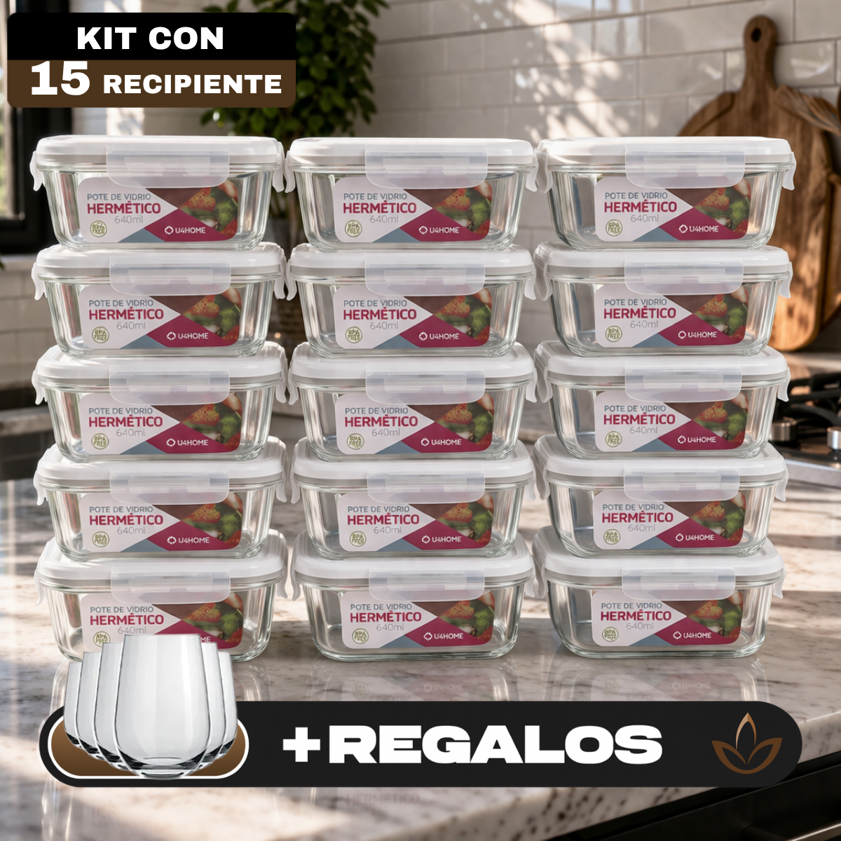 Kit con 15 Frascos Herméticos de Vidrio + 10 Vasos de Vidrio Aruba [¡ÚLTIMAS UNIDADES EN STOCK!]