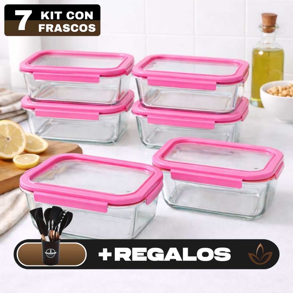 Kit de 7 Frascos Herméticos de Vidrio Templado con Tapa de Sellado al Vacío + REGALO: Kit de Utensilios de Cocina